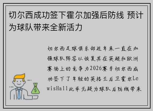 切尔西成功签下霍尔加强后防线 预计为球队带来全新活力 切尔西成功签下霍尔加强后防线 预计为球队带来全新活力